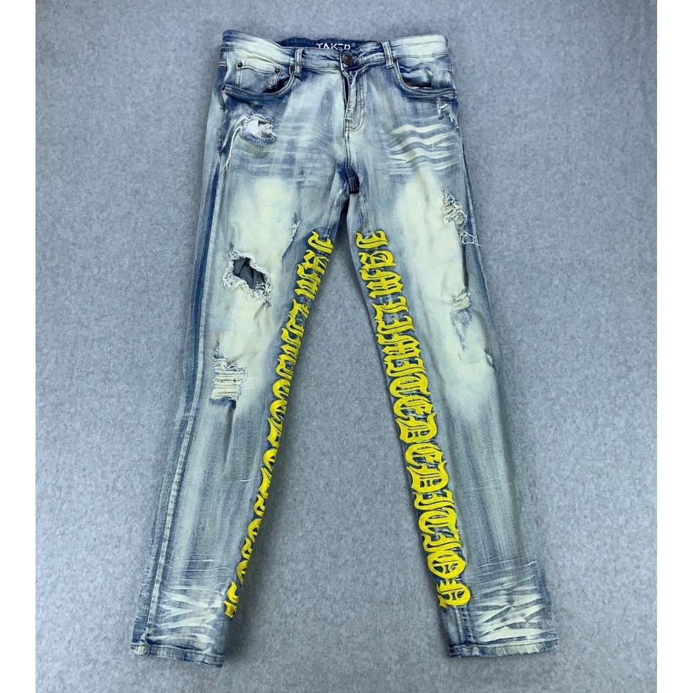 Taker Jeans Men 34x32 Light Wash Distressed Yellow Graphic Streetwear Slim